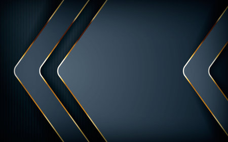 Dark overlap layers abstract background. Modern shape with light golden line element decoration. Realistic dimension design vector illustration.のイラスト素材