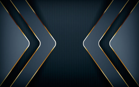 Dark overlap layers abstract background. Modern shape with light golden line element decoration. Realistic dimension design vector illustration.のイラスト素材