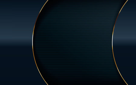 Dark overlap layers abstract background. Modern shape with light golden line element decoration. Realistic dimension design vector illustration.のイラスト素材