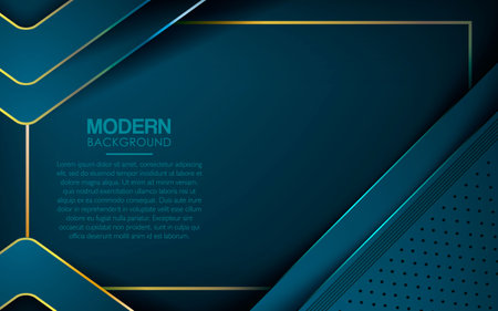 Dark blue overlap layers abstract background. Modern shape with light golden line element and textured layer decoration. Realistic dimension design vector illustration.のイラスト素材