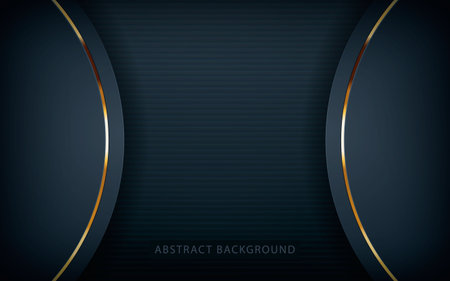 Dark abstract background with black overlap layers. Realistic texture with golden line element decoration.のイラスト素材
