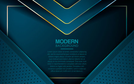 Dark blue overlap layers abstract background. Modern shape with light golden line element and textured layer decoration. Realistic dimension design vector illustration.のイラスト素材