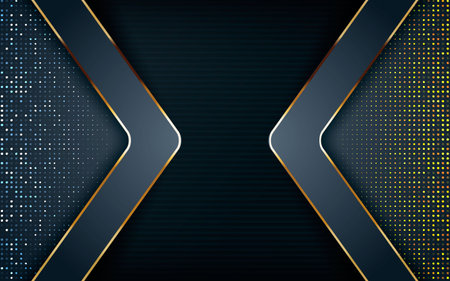 Dark overlap layers abstract background. Modern shape with light golden line, silver glitters and golden glitters element decoration. Realistic dimension design vector illustration.のイラスト素材