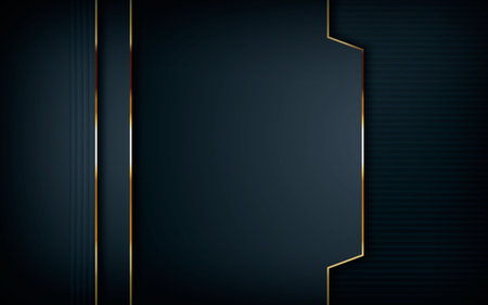 Dark overlap layers abstract background. Modern shape with light golden line element decoration. Realistic dimension design vector illustration.のイラスト素材