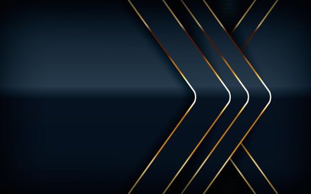 Dark overlap layers abstract background. Modern shape with light golden line element decoration. Realistic dimension design vector illustration.のイラスト素材