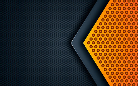 Dark abstract background with yellow shape. Black hexagon texture decoration.の写真素材