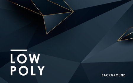 Luxury abstract black low poly background. Modern polygon shape with golden list on dark background.のイラスト素材