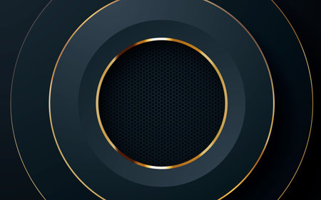 Abstract 3D circle layer black background with gold line effectのイラスト素材