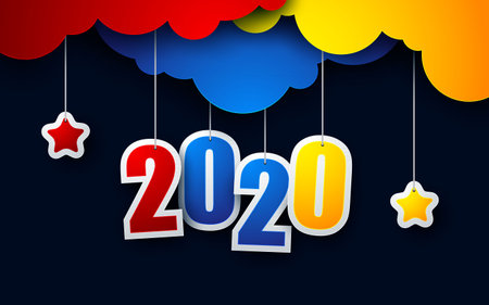 Happy new year 2020 background with color cloud and stars in paper cut style. Vector illustration.のイラスト素材