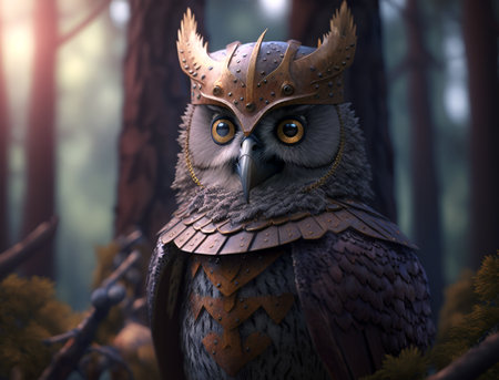 A soldier owl who is a Guardian of a magical forest. Generative AI.の素材