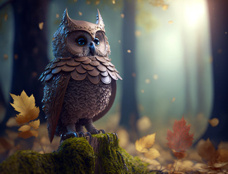 A soldier owl who is a Guardian of a magical forest. Generative AI.の素材