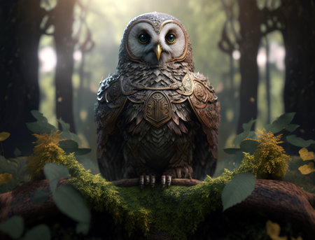 A soldier owl who is a Guardian of a magical forest. Generative AI.の素材