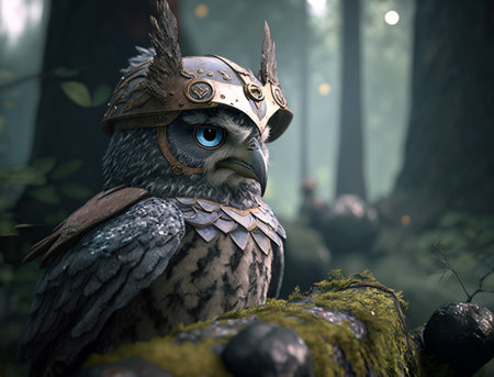 A soldier owl who is a Guardian of a magical forest. Generative AI.の素材