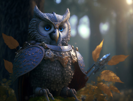 A soldier owl who is a Guardian of a magical forest. Generative AI.の素材