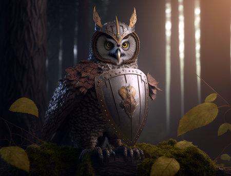 A soldier owl who is a Guardian of a magical forest. Generative AI.の素材