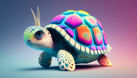 Cute strange colorful turtle, beautiful animal and big eyes. Generative AI.の素材