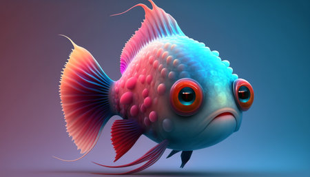 Cute strange little fish colorful tail and big eyes. Generative AI.の素材