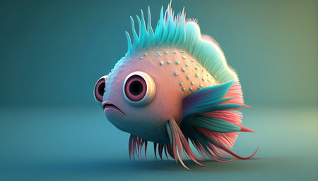 Cute strange little fish colorful tail and big eyes. Generative AI.の素材