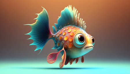 Cute strange little fish colorful tail and big eyes. Generative AI.の素材