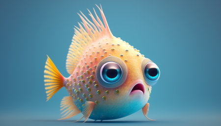 Cute strange little fish colorful tail and big eyes. Generative AI.の素材