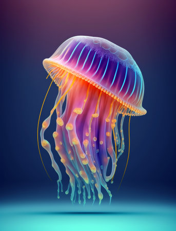 Cute strange jellyfish with colorful beautiful tail swimming. Generative AI.の素材