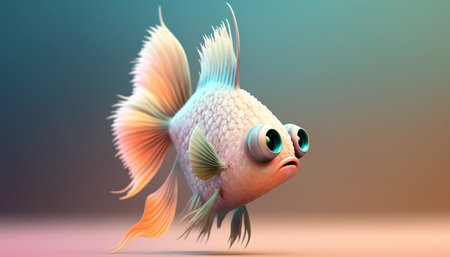 Cute strange little fish colorful tail and big eyes. Generative AI.の素材