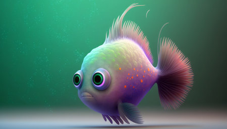 Cute strange little fish colorful tail and big eyes. Generative AI.の素材