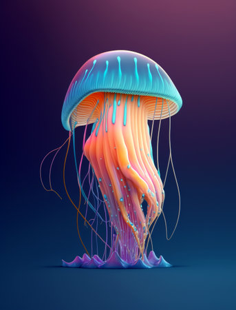 Cute strange jellyfish with colorful beautiful tail swimming. Generative AI.の素材