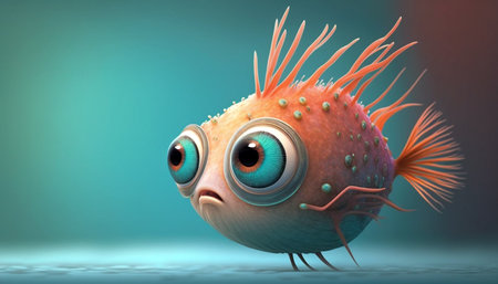 Cute strange little fish colorful tail and big eyes. Generative AI.の素材
