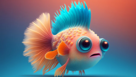 Cute strange little fish colorful tail and big eyes. Generative AI.の素材