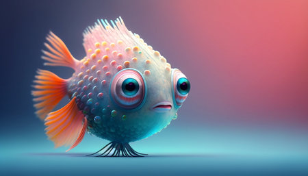Cute strange little fish colorful tail and big eyes. Generative AI.の素材
