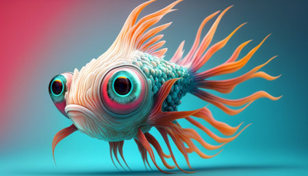 Cute strange little fish colorful tail and big eyes. Generative AI.の素材