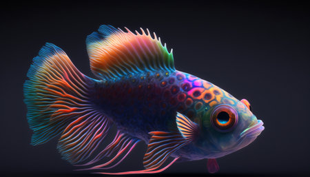 Colorful cute strange alien fish with beautiful long tail. Generative AI.の素材