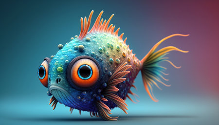 Cute strange little fish colorful tail and big eyes. Generative AI.の素材