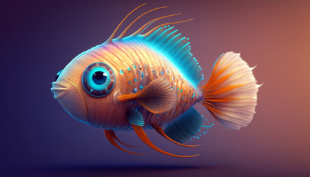 Cute strange little fish colorful tail and big eyes. Generative AI.の素材