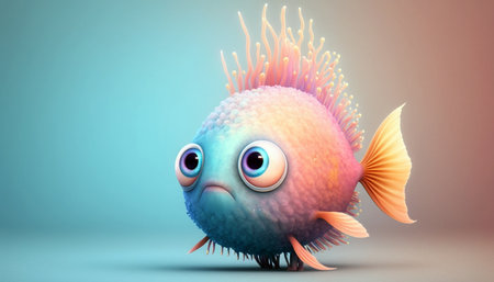 Cute strange little fish colorful tail and big eyes. Generative AI.の素材