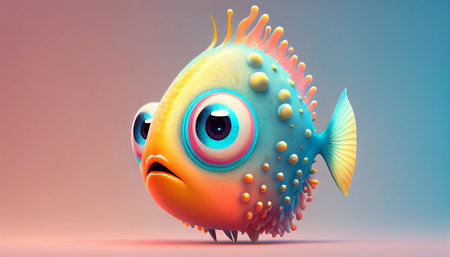 Cute strange little fish colorful tail and big eyes. Generative AI.の素材