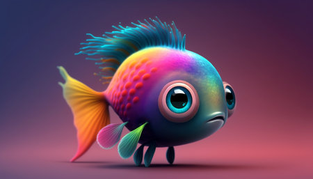 Cute strange little fish colorful tail and big eyes. Generative AI.の素材