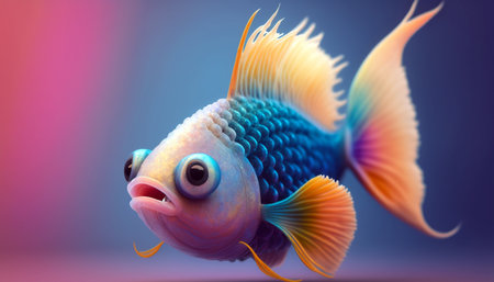 Cute strange little fish colorful tail and big eyes. Generative AI.の素材