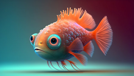 Cute strange little fish colorful tail and big eyes. Generative AI.の素材