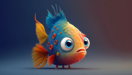 Cute strange little fish colorful tail and big eyes. Generative AI.の素材