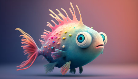 Colorful cute strange alien fish with beautiful long tail. Generative AI.の素材