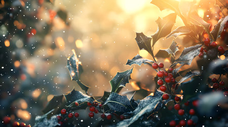 Frosty holly berries and leaves in winter sunlight.の素材