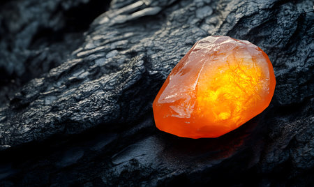 Glowing orange gemstone on dark rock.の素材