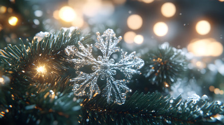 Crystal snowflake ornament on a Christmas tree branch with warm holiday lights.の素材
