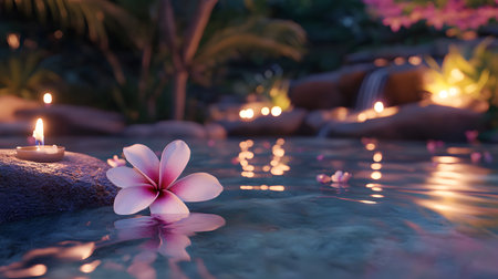 Serene night scene Pink flower floats on tranquil water near candles and waterfall.の素材