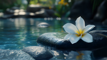 Serene white flower on dark stones by tranquil water.の素材