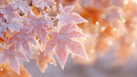 Frost-covered autumn leaves glowing in sunlight.の素材