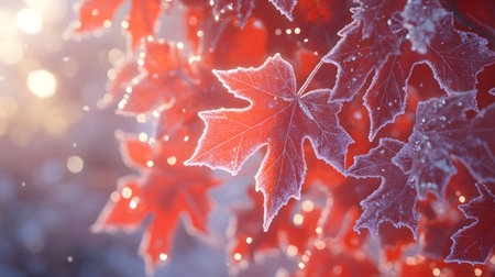 Frosted maple leaves in winter sunlight.の素材