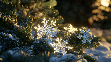 Glittering snowflakes adorn a snowy fir tree branch at twilight.の素材